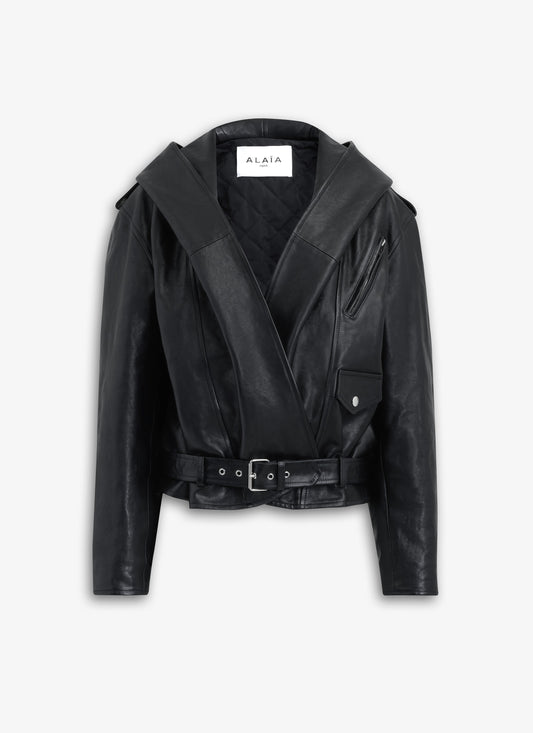 Leather Hooded Biker Jacket