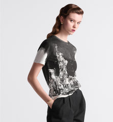 Black and White Cotton and Linen Jersey with New York Motif T-Shirt