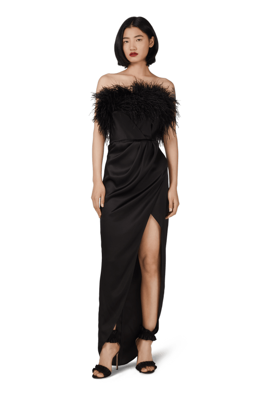 Black Double Silk Satin Feather Draped Dress