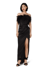 Black Double Silk Satin Feather Draped Dress