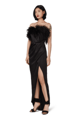 Black Double Silk Satin Feather Draped Dress