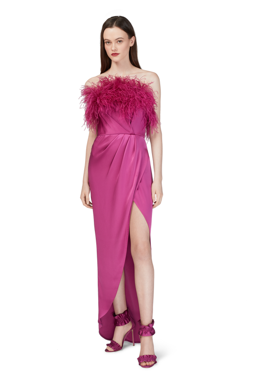 Pomegranate Double Silk Satin Feather Draped Dress