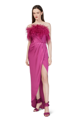 Pomegranate Double Silk Satin Feather Draped Dress