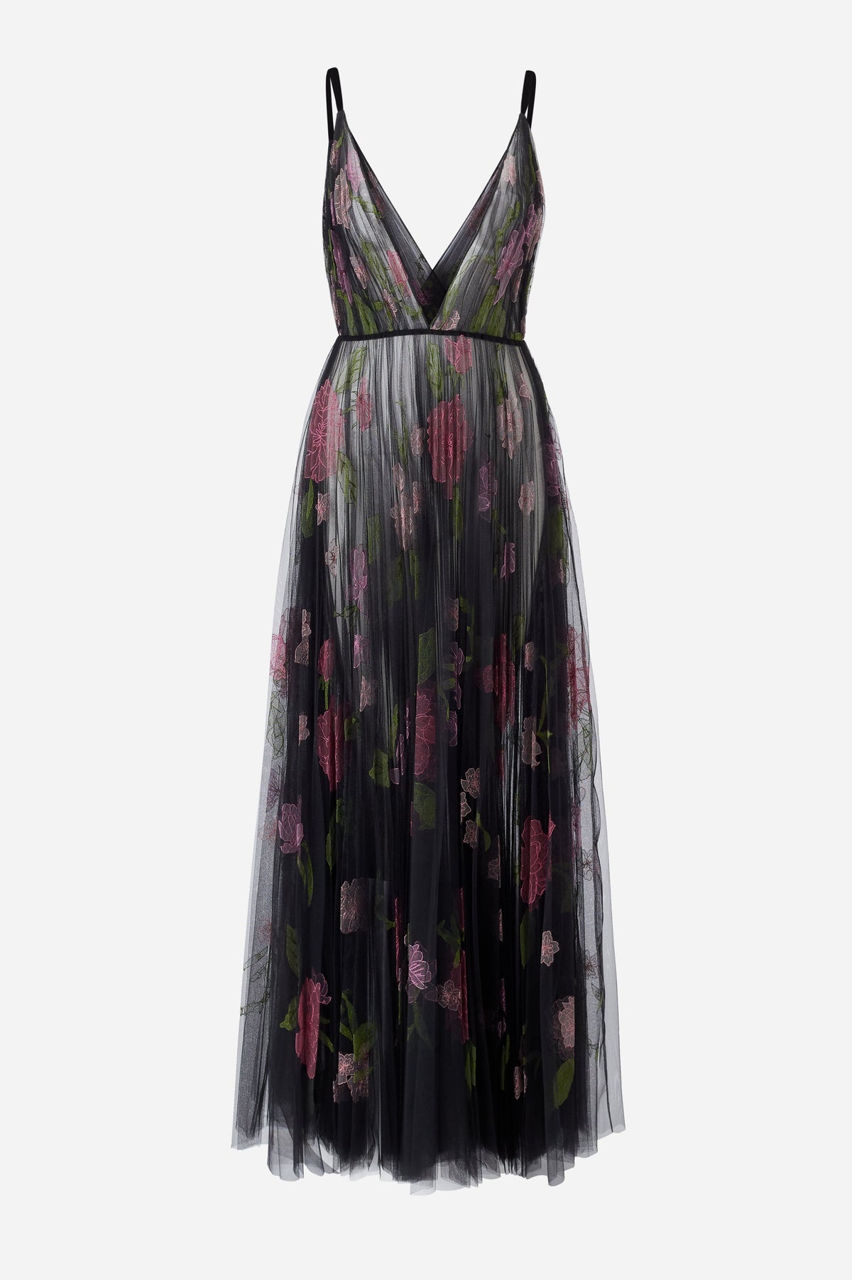 Black Floral Embroidered Tulle V-Neck Dress