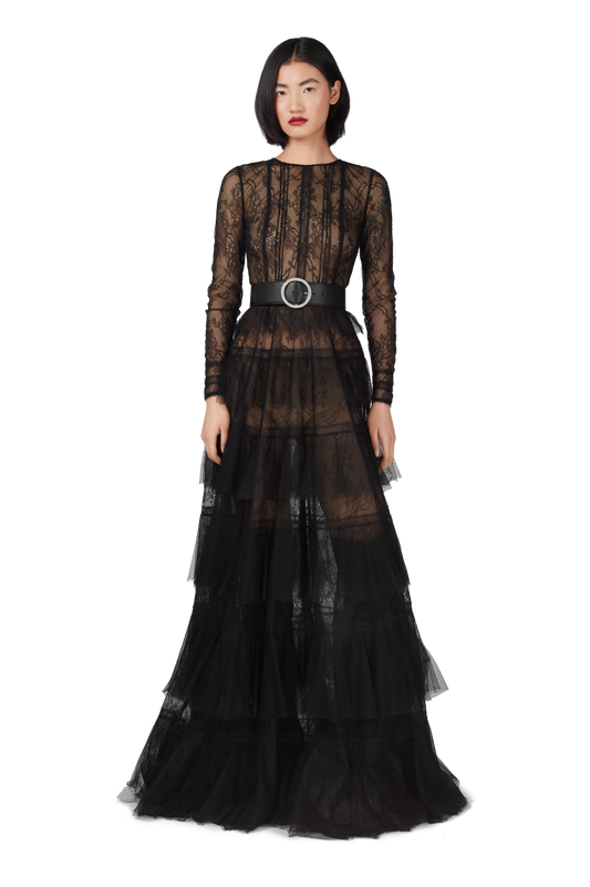 Black Chantilly Lace Pleated Gown