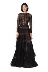 Black Chantilly Lace Pleated Gown