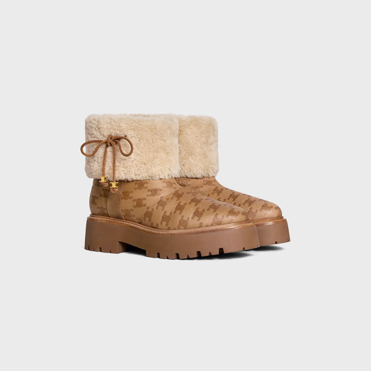 Celine Bulky Cropped Triomphe Boot In Suede Stamped Calfskin And Shearling