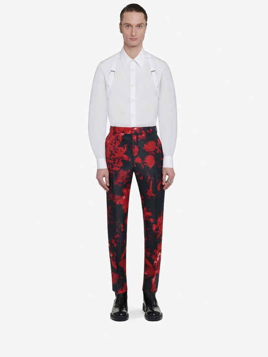 Men's Wax Flower Cigarette Trousers in Black/Red