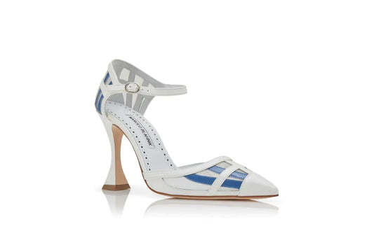 Urema White And Blue Patent Leather Ankle Strap Pumps