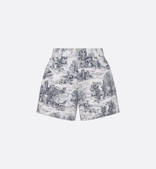 Shorts White Cotton Denim with Blue Toile de Jouy Scotland Motif