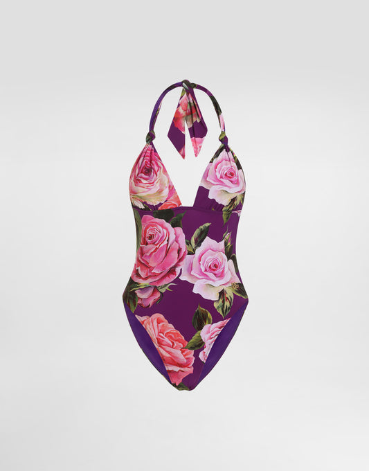 Rose-Print One-Piece V-Neck Swimsuit