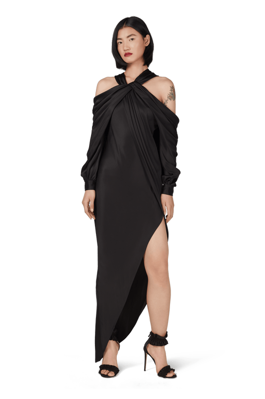 Black Double Silk Satin Off The Shoulder Draped Dress