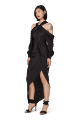 Black Double Silk Satin Off The Shoulder Draped Dress