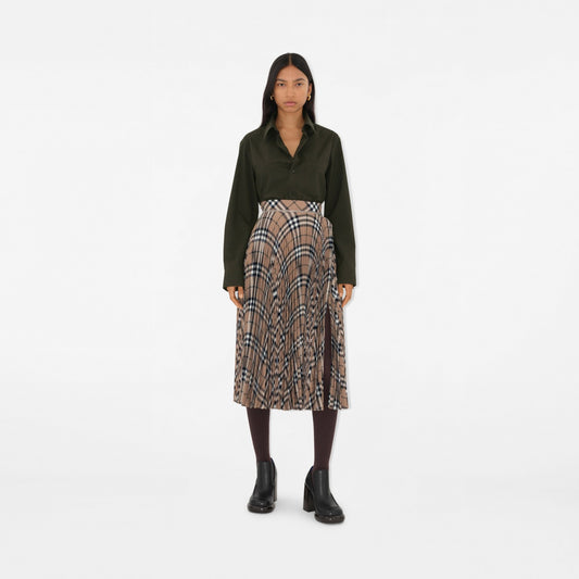 Pleated Check Wool Blend Skirt