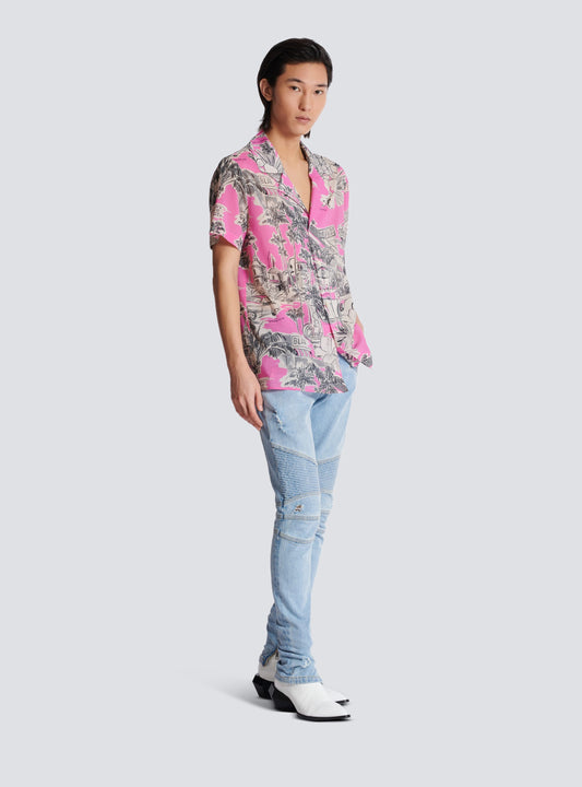 Short-Sleeved Silk Pyjama Shirt With Miami Print