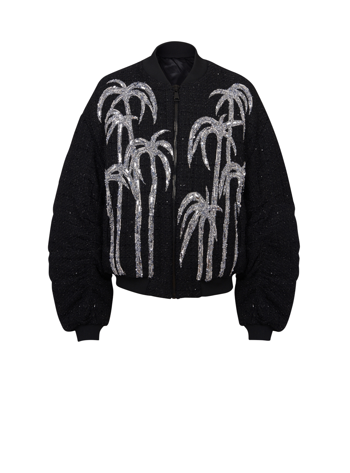 Tweed Bomber Jacket With Palm Tree Embroidery