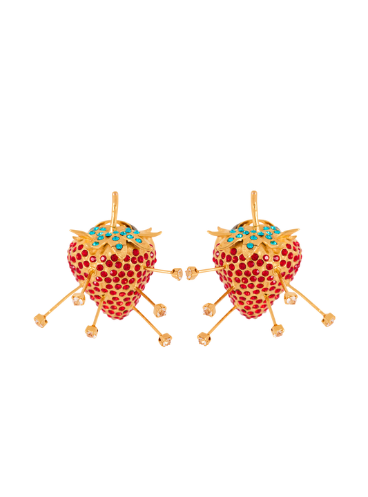 Strawberry Earrings With Brass Studs And Rhinestones