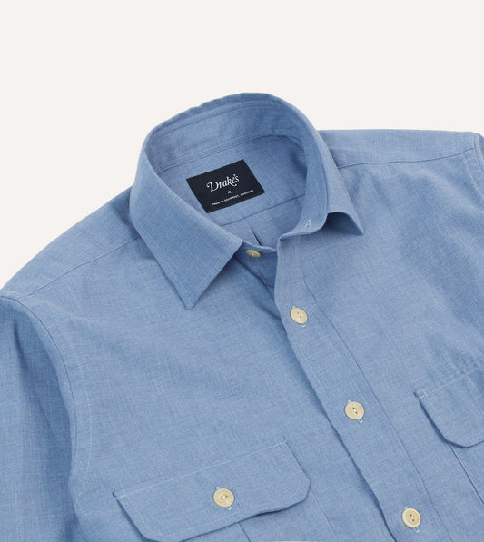 Blue Cotton Flannel Two-Pocket Work Shirt