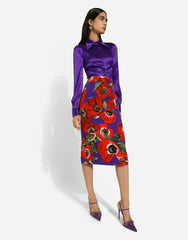 Charmeuse Calf-length Skirt With Anemone Print