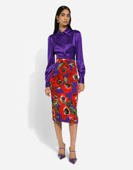 Charmeuse Calf-length Skirt With Anemone Print