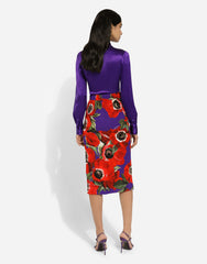 Charmeuse Calf-length Skirt With Anemone Print