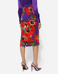 Charmeuse Calf-length Skirt With Anemone Print