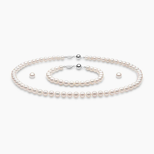 Classic White Freshwater Pearl Necklace, Bracelet & Earrings Set in 18K Gold