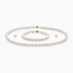 Classic White Freshwater Pearl Necklace, Bracelet & Earrings Set in 18K Gold