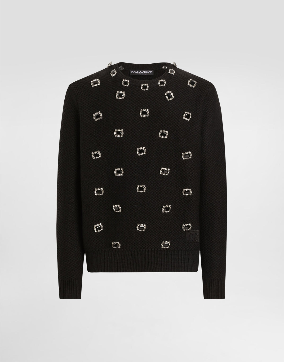 Wool Round-Neck Sweater With Embroidery And Bejeweled Buttons