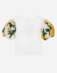 Poplin And Jersey T-Shirt With Yellow Rose Print And DG Logo