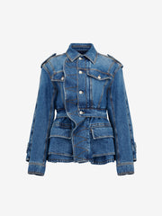 Women's Patch Pocket Peplum Denim Jacket in Washed Blue