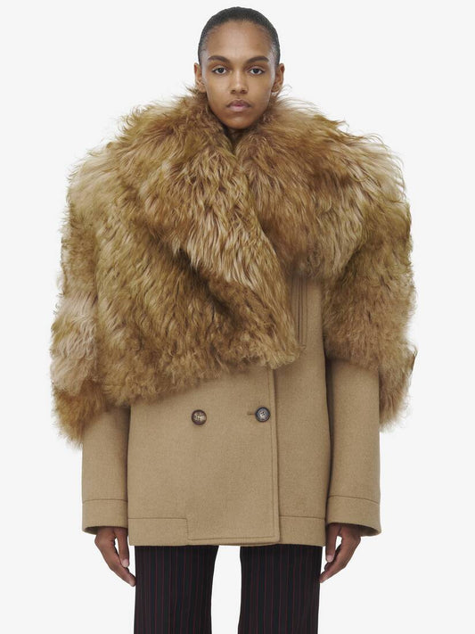 Women's Shearling Stole Wool Peacoat in Camel