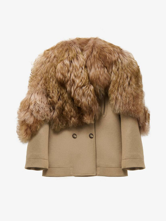 Women's Shearling Stole Wool Peacoat in Camel