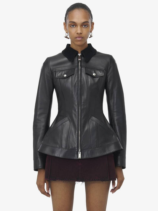 Women's Peplum Leather Jacket in Black