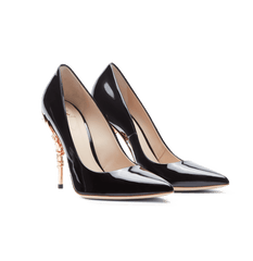 Black Patent Leather Eden Heels with Rose Gold Leaves