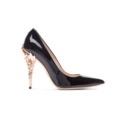 Black Patent Leather Eden Heels with Rose Gold Leaves