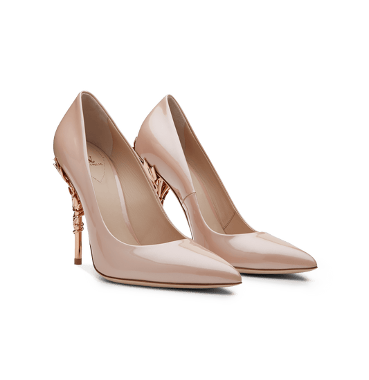 Vintage Pink Leather Eden Heels with Rose Gold Leaves