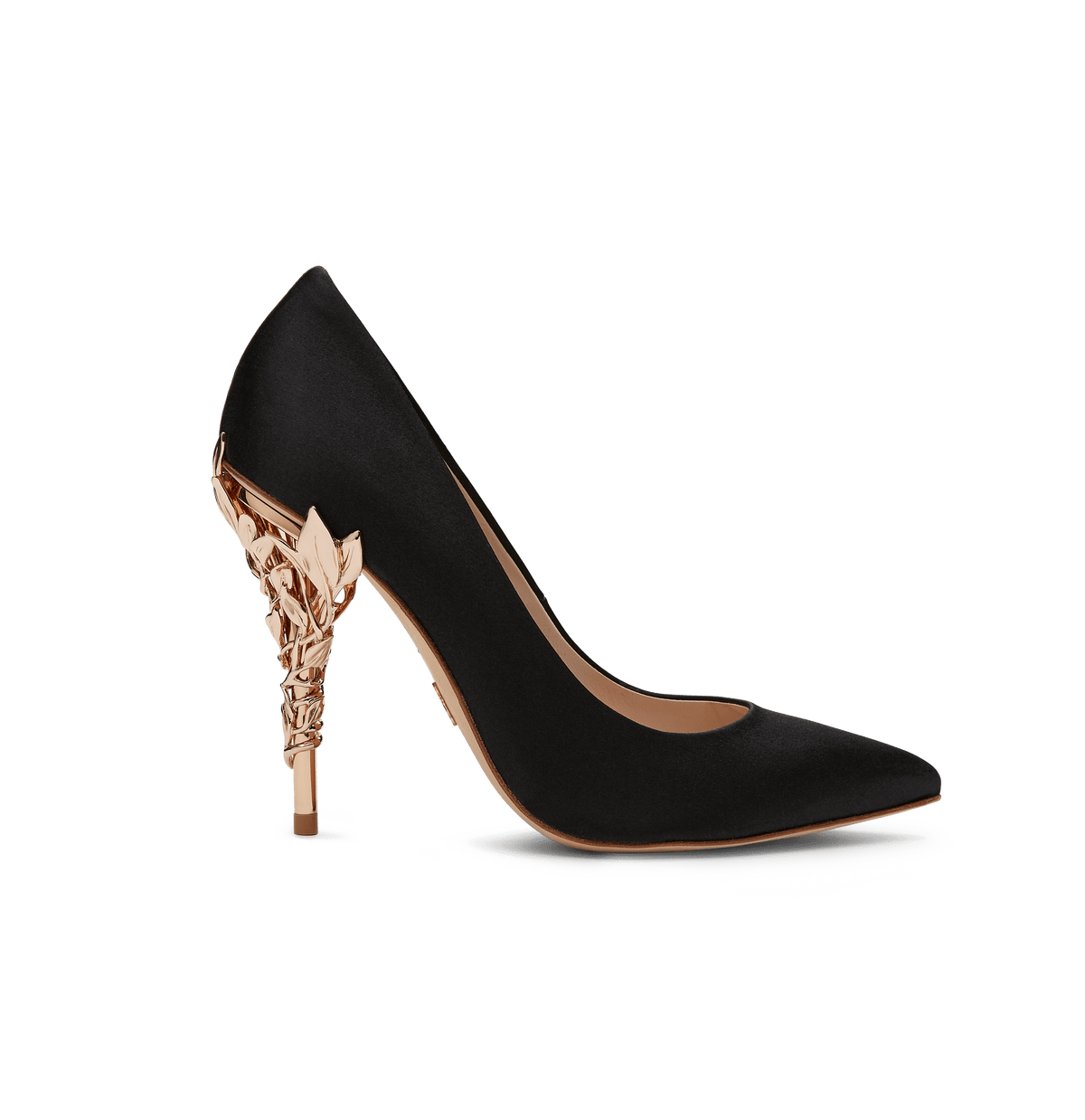 Black Satin Eden Heels with Rose Gold Leaves