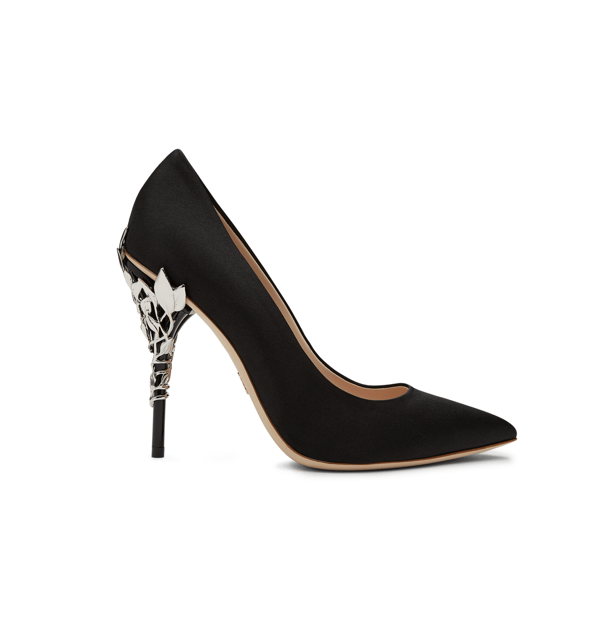 Black Satin Eden Heels with Silver Leaves