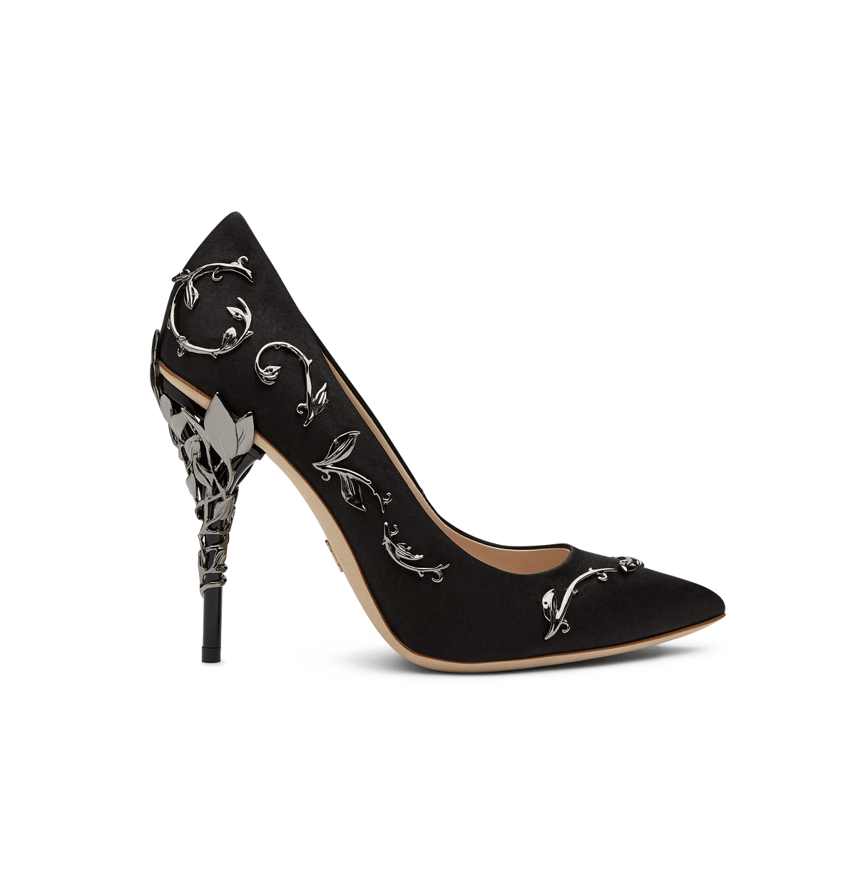 Black Satin Eden Pumps With Gunmetal Leaves