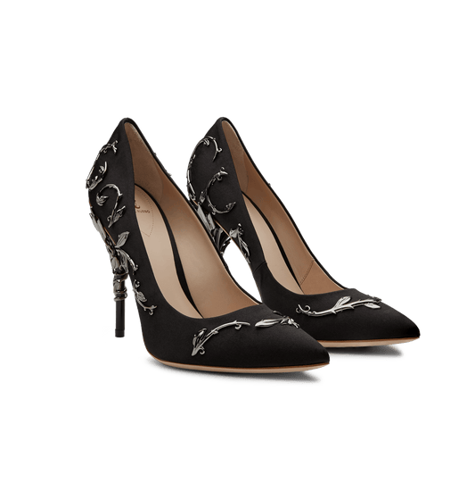 Black Satin Eden Pumps With Gunmetal Leaves