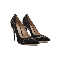 Black Satin Eden Pumps With Gunmetal Leaves