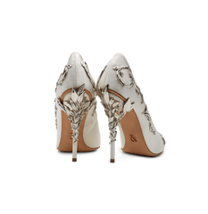 White Satin Eden Pumps with Silver Leaves