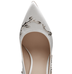 White Satin Eden Pumps with Silver Leaves