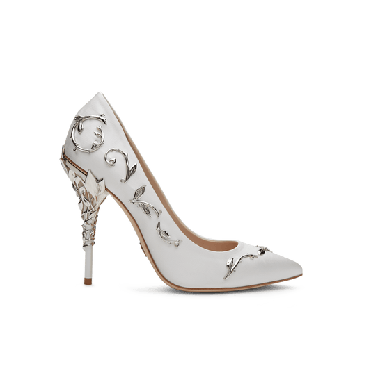 White Satin Eden Pumps with Silver Leaves