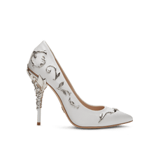 White Satin Eden Pumps with Silver Leaves