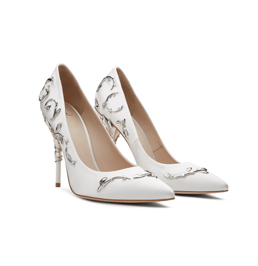 White Satin Eden Pumps with Silver Leaves