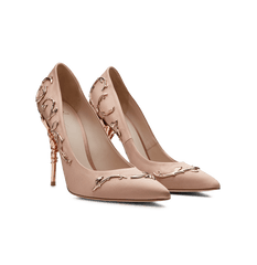 Vintage Pink Satin Eden Pumps with Rose Gold Leaves