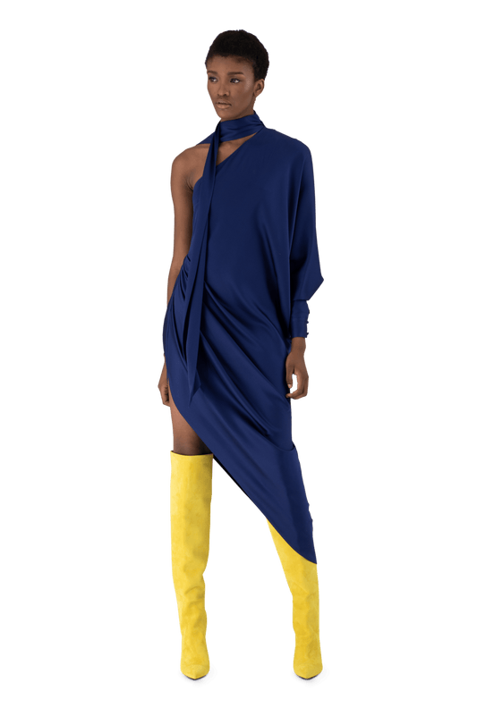 Midnight Blue Silk Double Satin Asymmetric Dress