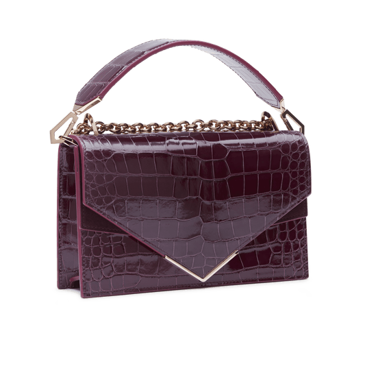 Burgundy Lisse Alligator Alina Shoulder Bag with Rose Gold Feather